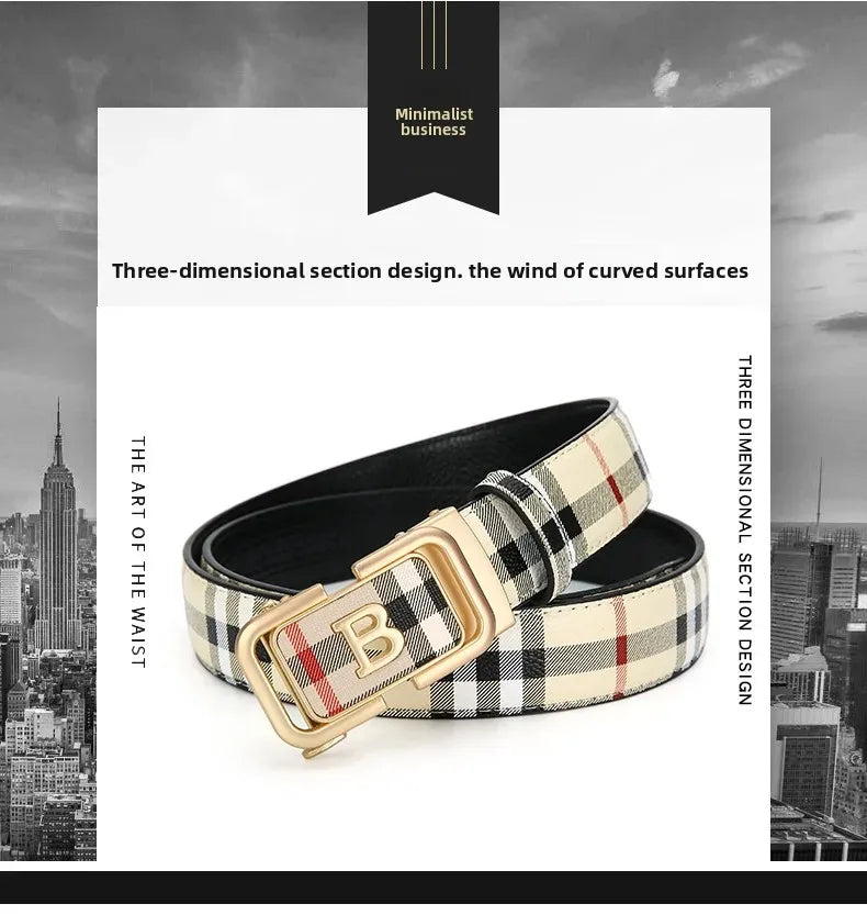 Trendy Plaid B Letter Automatic Buckle Belt for Men Premium Quality Fashionable Business Style Versatile Home Use