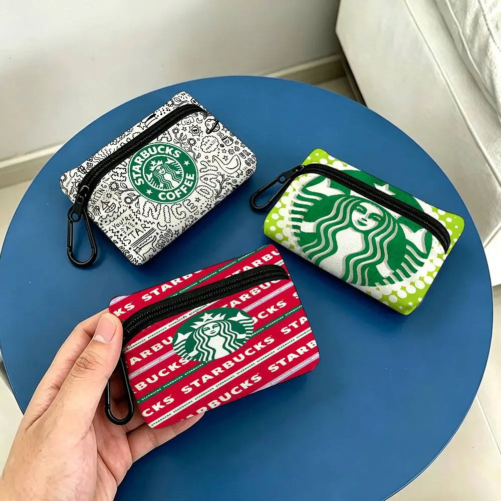 Cool S-Starbucks LOGO Mini Hanging Oxford Cloth Coin Bag Durable Zipper Key Card Pouch With Carabiner