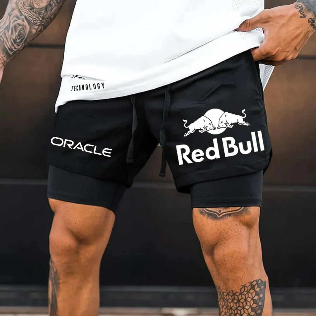 New Summer Men's Quick-Drying Fake Two-piece Shorts Men's Racing Team Logo Print Double Layer Sports Shorts Running Shorts Moto