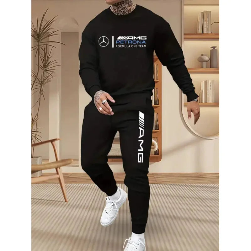 Mercedes-Benz Autumn Winter Set Men's Casual Versatile Printed Sweatshirt and Sweatpants Autumn Winter Cool Handsome Men's Long