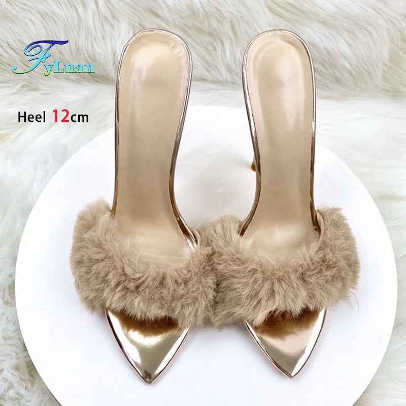 Summer 12CM Ladies Slippers Faux Fur Sexy Peep Toe Pointy Toe Women Shoes Slip-On Plus Size 46 Model Runway High Heel Sandals