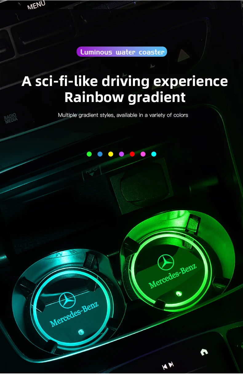 Car Glowing Coasters LED Light Water Cup Mat For Mercedes Benz AMG W203 W206 W220 W205 W211 Car USB Charging Coasters keychain
