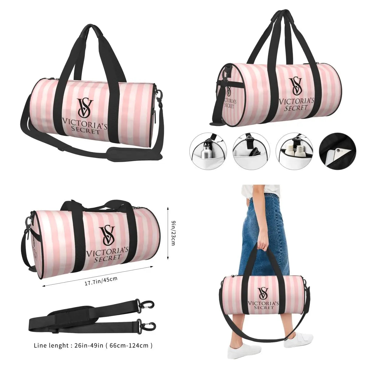 Pink White Stripe Round Capacity Travel Duffel Bag Male Female Large-Capacity Hand Luggage Sports Fitness Bag Travel Package