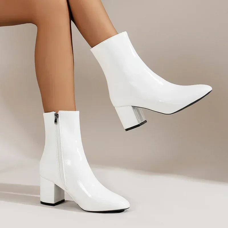 White Ankle Boots for Women 2024 New Side Zipper Stretch Middle Heel Large Size Short Boot Fashion Pointed Shoes Botas De Mujer