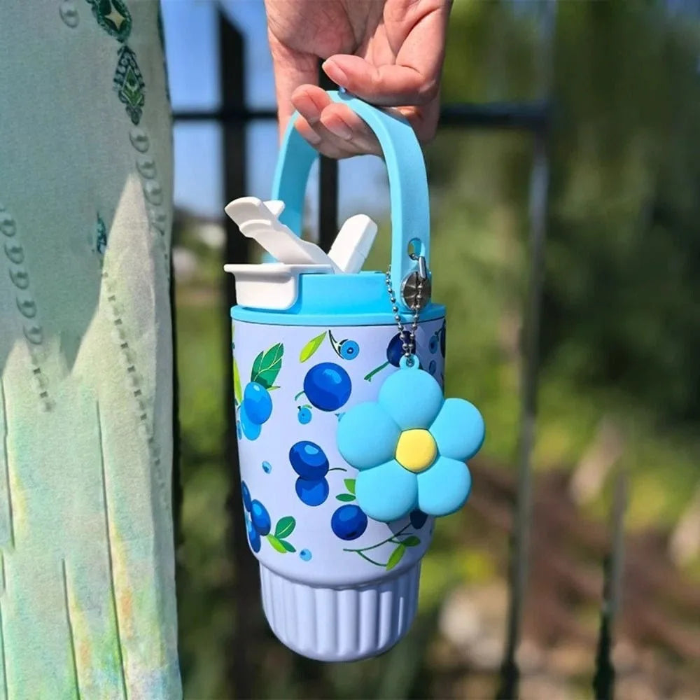 500ML 316 Stainless Steel Straw Cup Insulation or Cooling Strawberry Fruit Print Insulated Cup with Flower Pendant