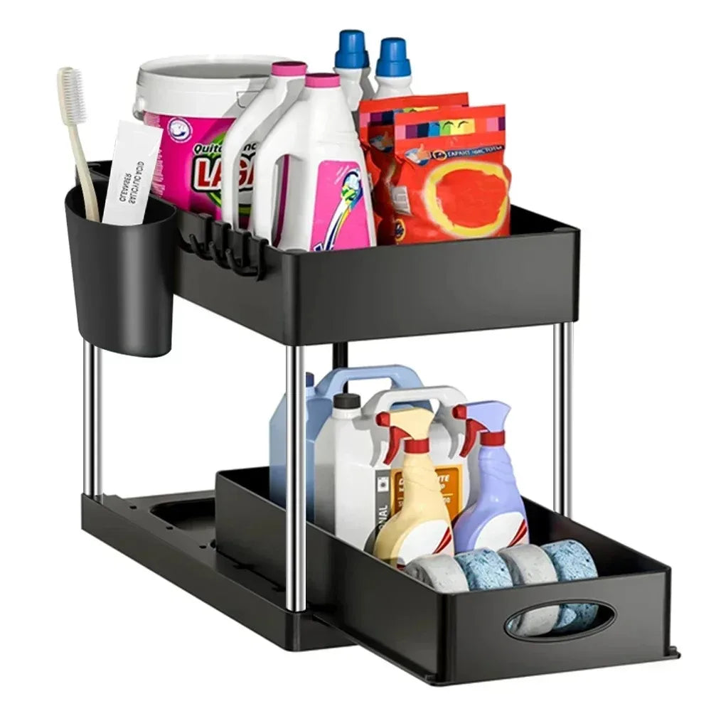 Hot-selling 2-Tier Kitchen Storage Rack Pull-Out Sliding Cabinet Basket Storage Shelf Bathroom & Kitchen Organizer