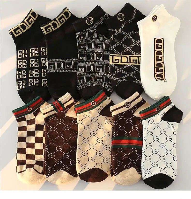 10 Pairs Men's Trendy Short Socks Summer Breathable Geometric Pattern Ankle Socks Luxury Designer Brand Fashion Low Cut Socks