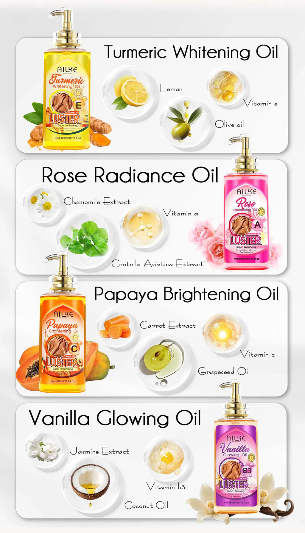 AILKE Lightening Body Massage Oil, Moisturizing, Anti Wrinkles, Dry Lines, Dark Spots Removal for All Skin Types, 300ml