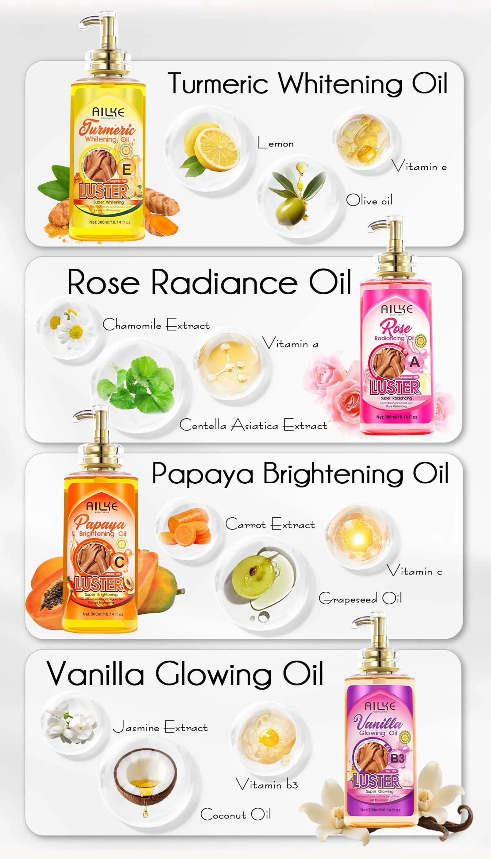 AILKE Lightening Body Massage Oil, Moisturizing, Anti Wrinkles, Dry Lines, Dark Spots Removal for All Skin Types, 300ml