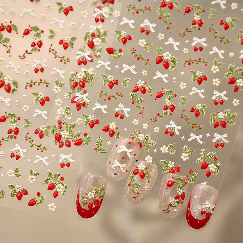 Spring Strawberry Vine 5D Nail Art Stickers Garden Fresh Red Strawberry Green Leaves Flower Cherry Branch Bow Nail Decals DIY