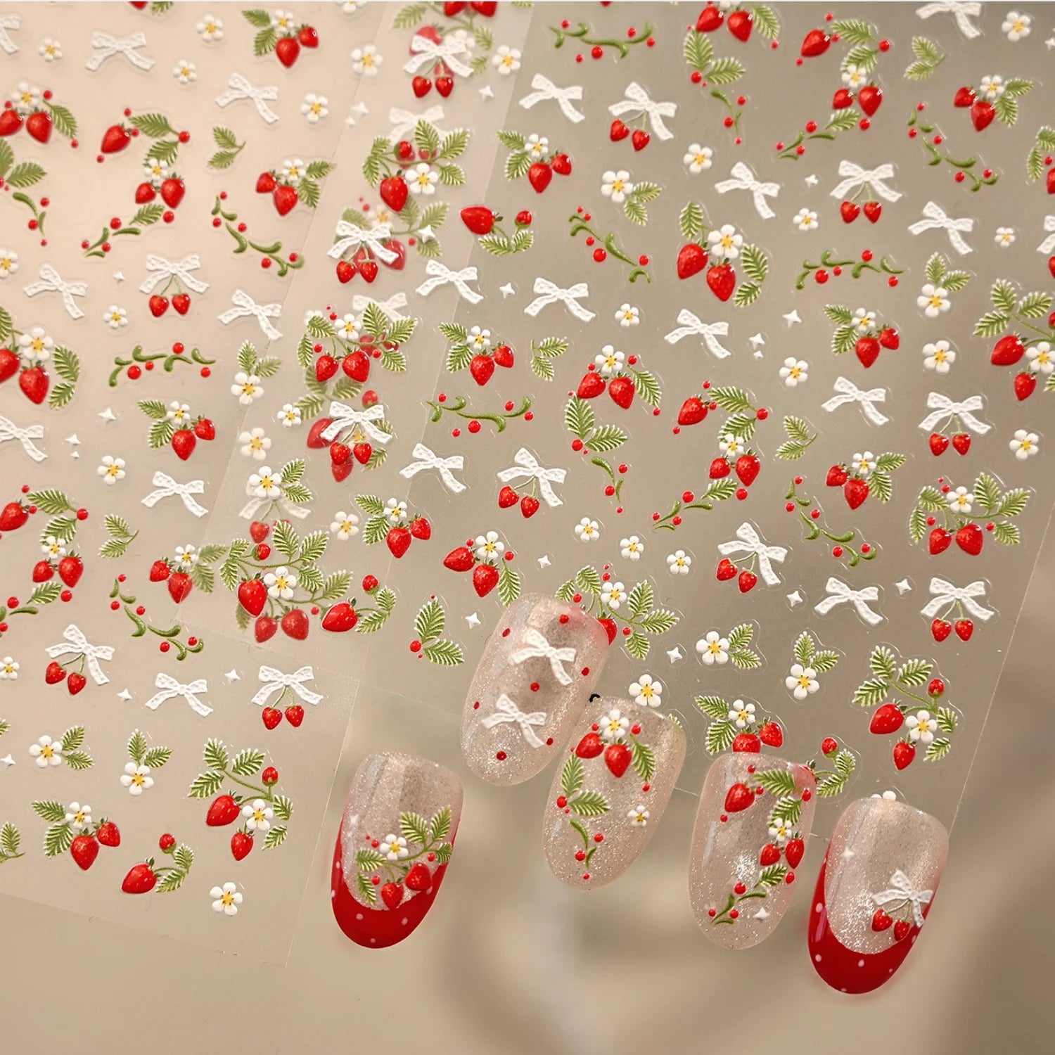 Spring Strawberry Vine 5D Nail Art Stickers Garden Fresh Red Strawberry Green Leaves Flower Cherry Branch Bow Nail Decals DIY
