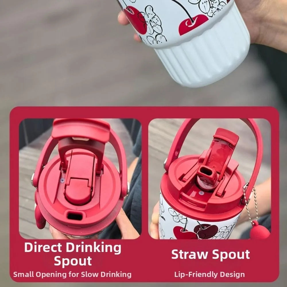 500ML 316 Stainless Steel Straw Cup Insulation or Cooling Strawberry Fruit Print Insulated Cup with Flower Pendant