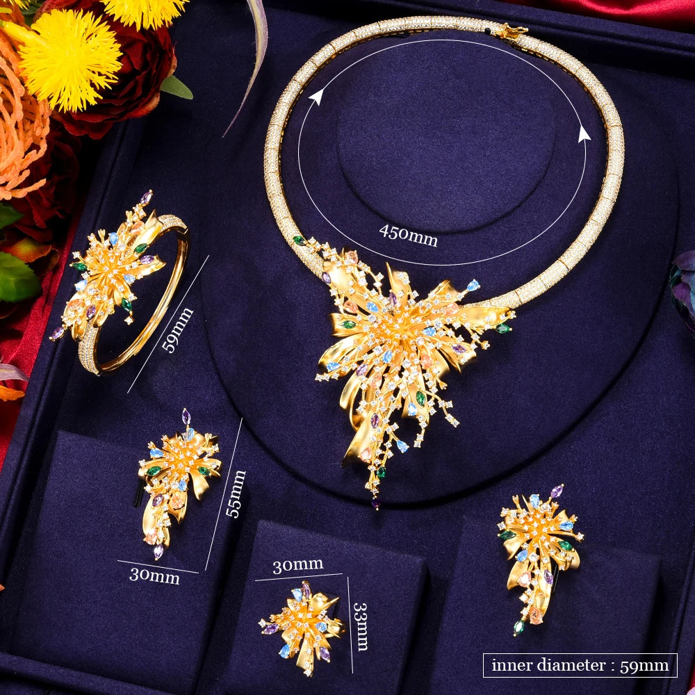 GODKI Famous Brand 4PCS Bicolor Flower African Jewelry Set For Women Wedding Party Zircon Crystal Dubai Bridal Jewelry Set Gift
