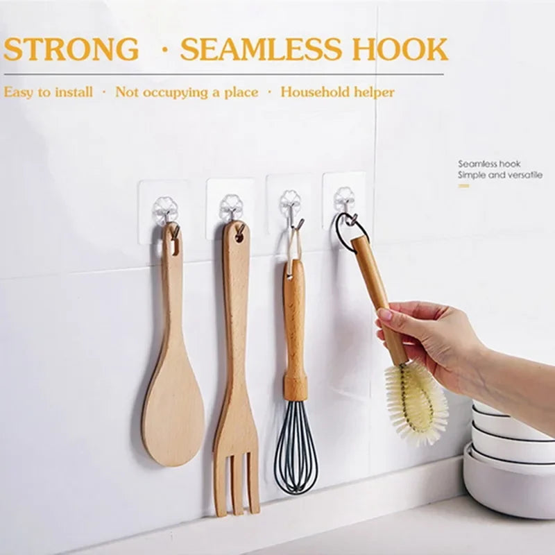 50pcs Transparent Stainless Steel Self-Adhesive Hooks Bathroom Towel Clothes Storage Sticker Hook Key Hangers Storage Holder