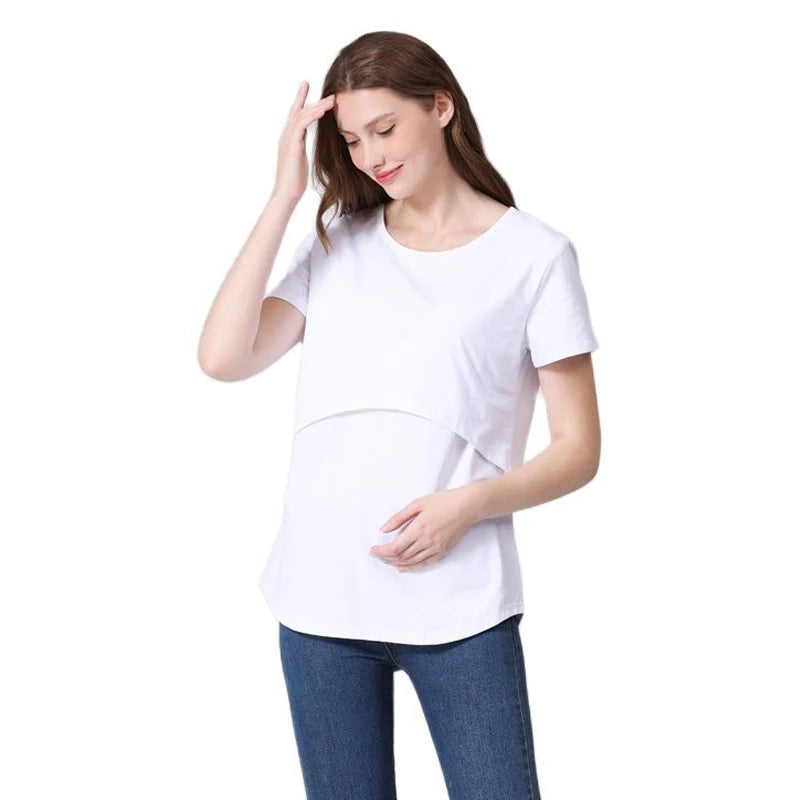 Plus Size Maternity T-Shirt Short Sleeve Stretch Cotton Breastfeeding Tees Loose Nursing Tops for Pregnant Women