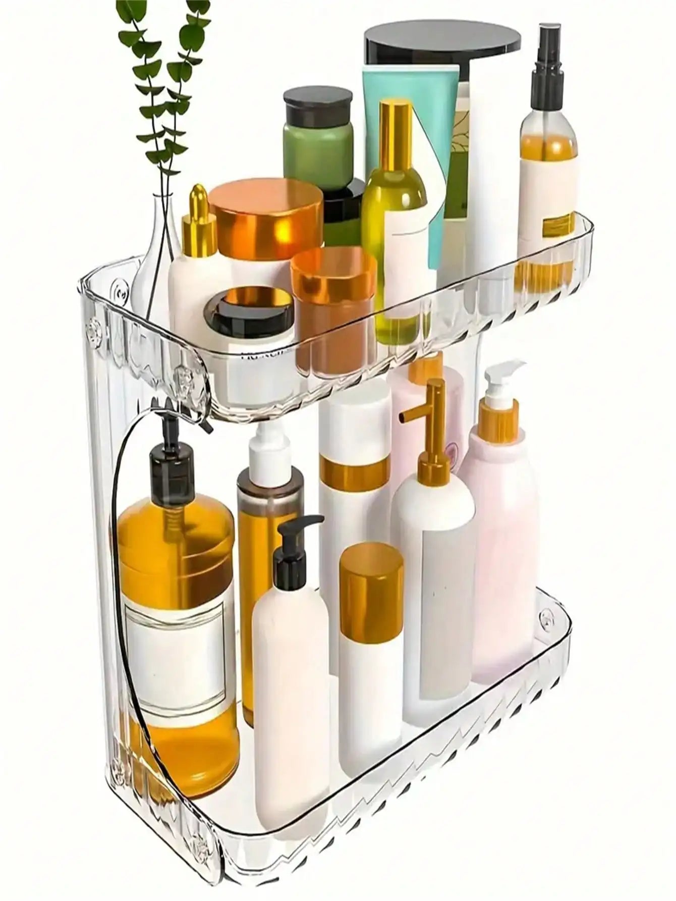 2-Tier Transparent Plastic Desktop Cosmetic Storage Box with 2-Tier Shelves & 4-Wheel Base - Space-Saving Organizer Tray, Freest
