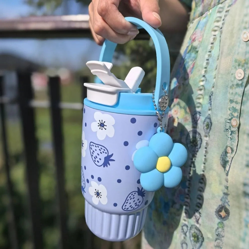 500ML 316 Stainless Steel Straw Cup Insulation or Cooling Strawberry Fruit Print Insulated Cup with Flower Pendant