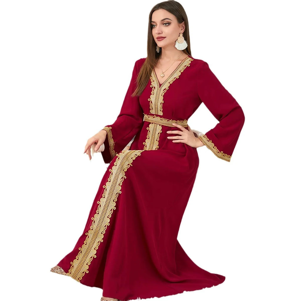 Muslim Women's Clothing, Solid Color Patchwork Basic Style, Loose Embroidery, Long Skirt, Dress, Long-Sleeved Dress