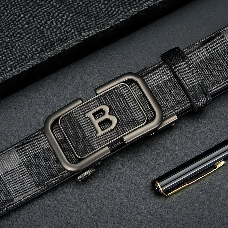Trendy Plaid B Letter Automatic Buckle Belt for Men Premium Quality Fashionable Business Style Versatile Home Use
