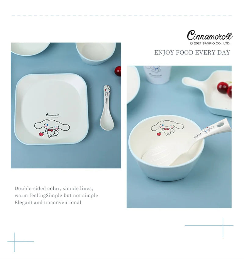 For Sanrio Cinnmoroll Children Tableware Cartoon Soup Spoons Anti-Fall Dining Plates Salad Bowls Water Cups Food-grade Tableware
