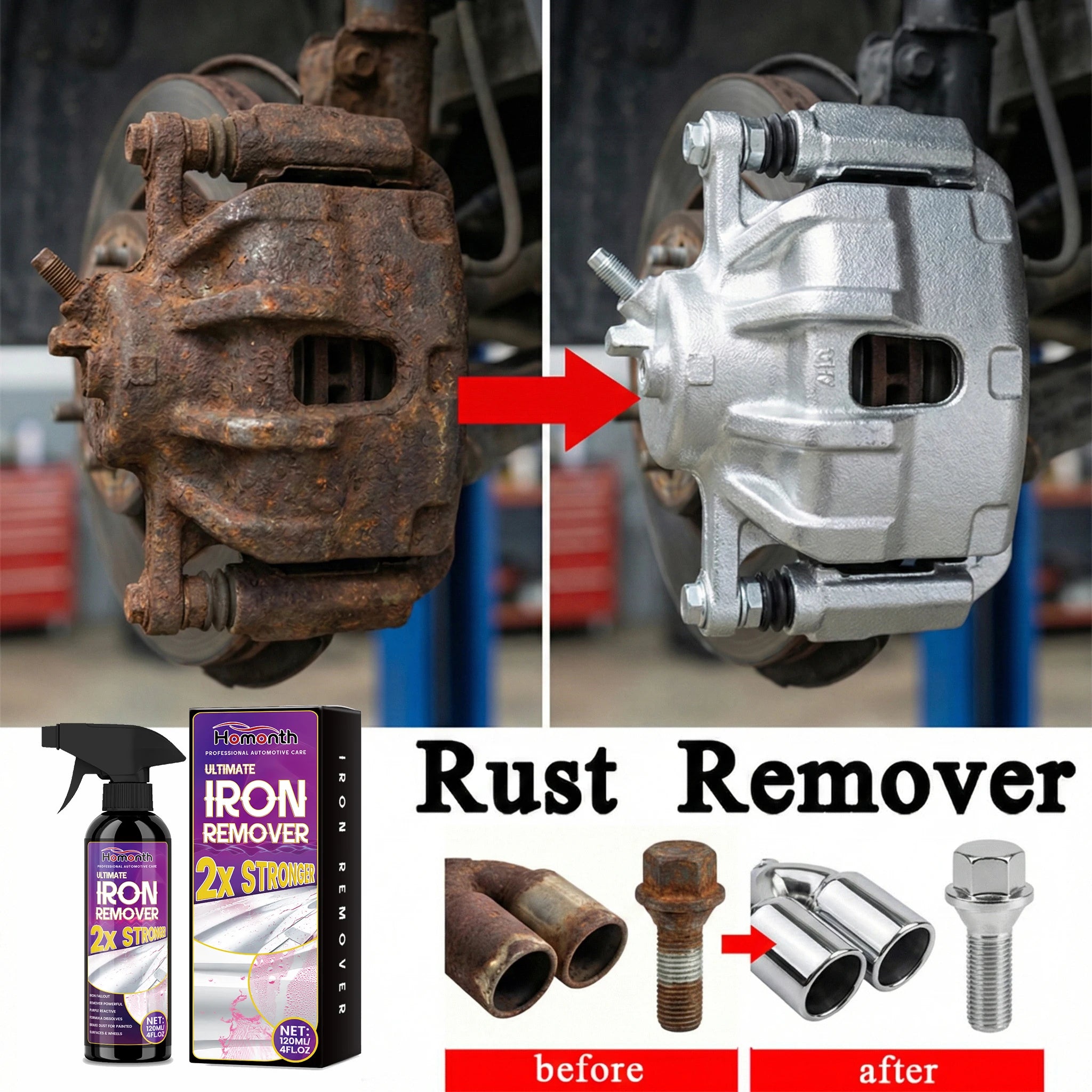Large Capacity Powerful Car Rust Remover Spray - Exhaust/Wheel Care, Metal Powder Remover.