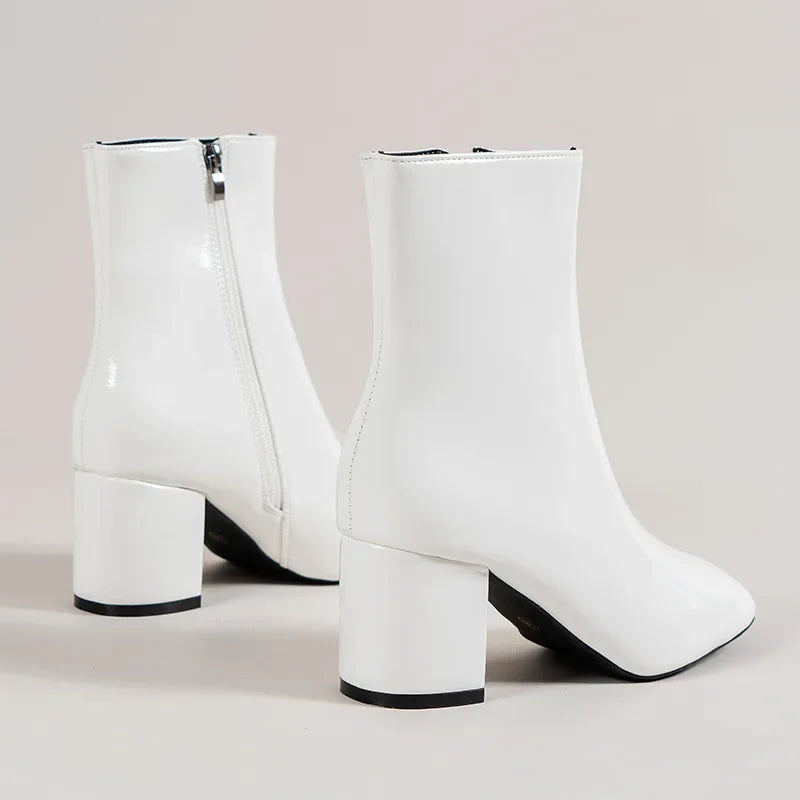White Ankle Boots for Women 2024 New Side Zipper Stretch Middle Heel Large Size Short Boot Fashion Pointed Shoes Botas De Mujer