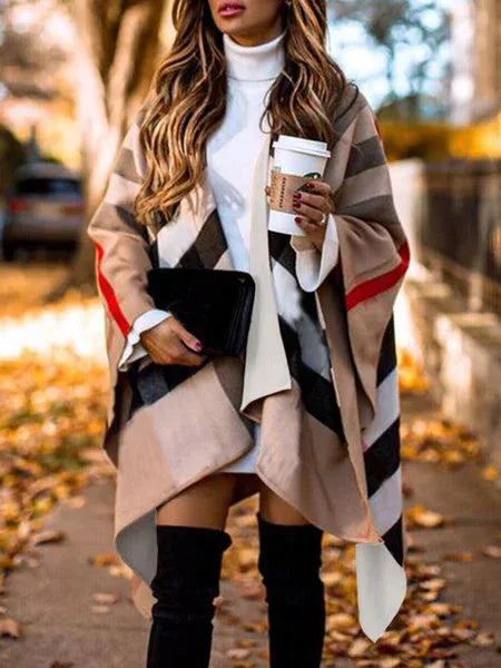 Auutmn Winter Fashion Casual Batwing Fluffy Sleeve Overcoat Women Elegant Knitted Color Block Capes Lady Irregular Ponchos Scarf
