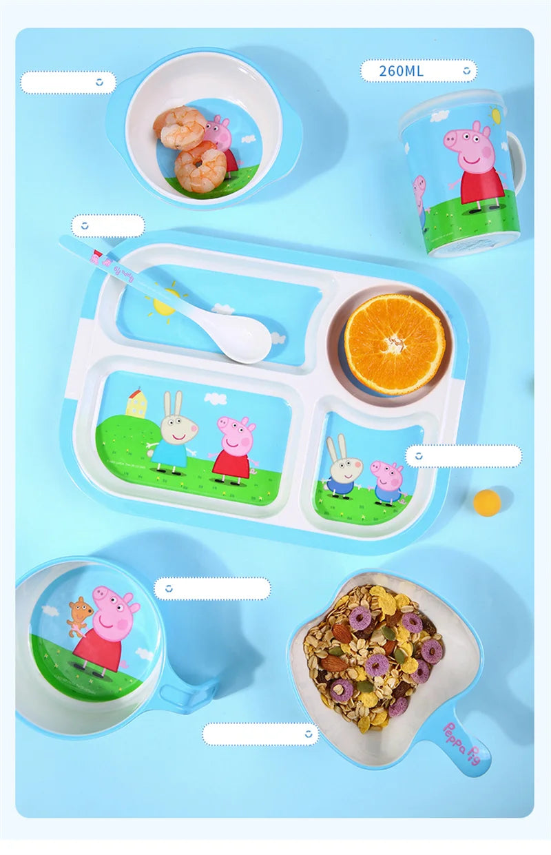 For Peppa Pig Tableware Cartoon Salad Bowl Anti-Fall Dining Plate Cup Spoon Baby Eating Double-ear Bowl Food-grade Divided Plate