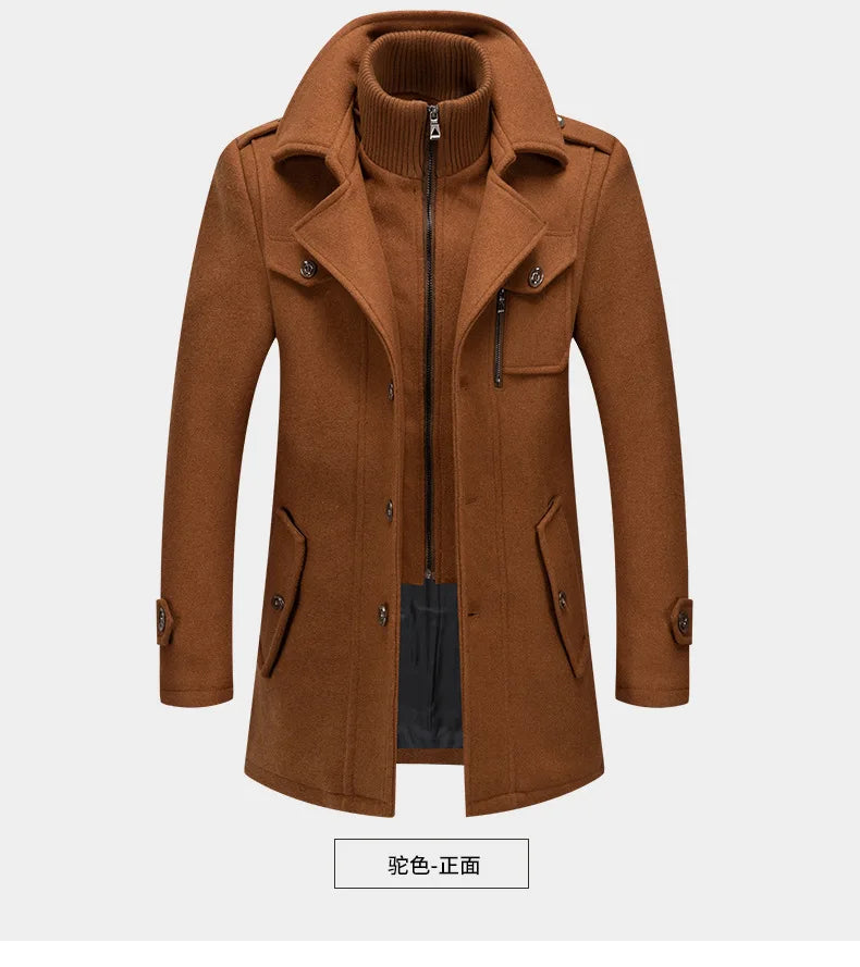 New Winter Mens Wool Blends Coats Solid Color Thick Warm Woolen Overcoat Double Neck Trench Coat Men Single Breasted Windbreaker
