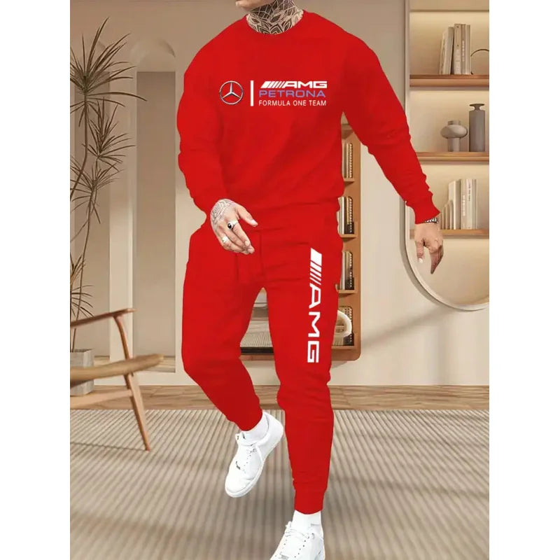 Mercedes-Benz Autumn Winter Set Men's Casual Versatile Printed Sweatshirt and Sweatpants Autumn Winter Cool Handsome Men's Long