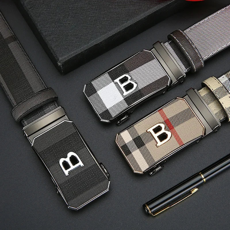 Trendy Plaid B Letter Automatic Buckle Belt for Men Premium Quality Fashionable Business Style Versatile Home Use
