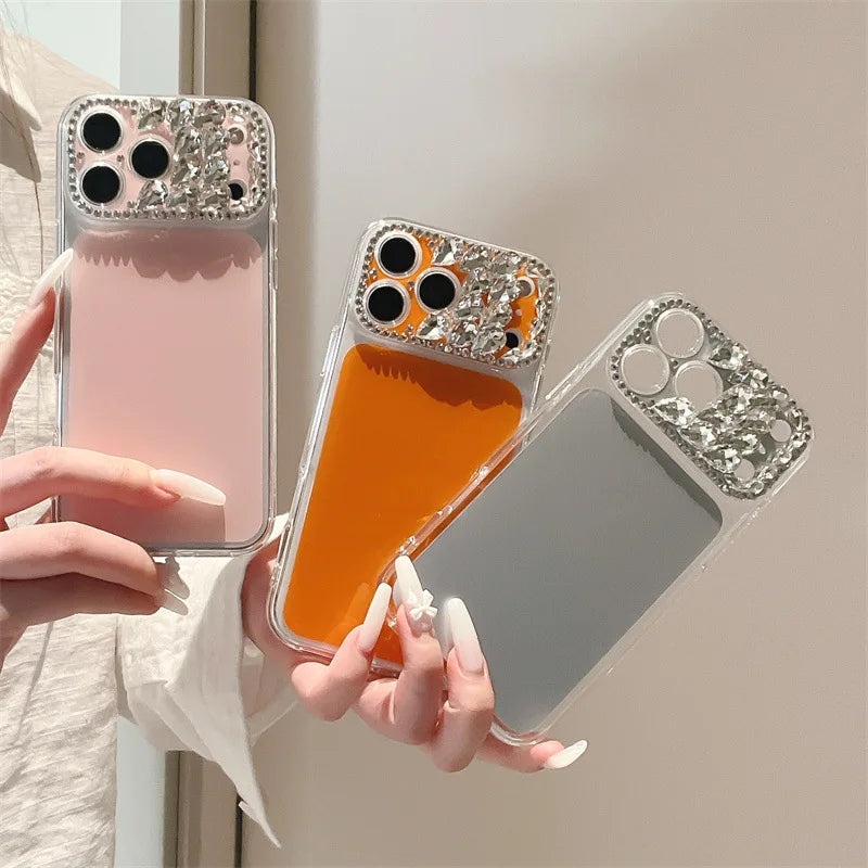 Luxury Sparkling Rhinestone Decoration Camera Frame Large Window Phone Case For iPhone 17 13 14 15 16 Pro Max Shockproof Cover