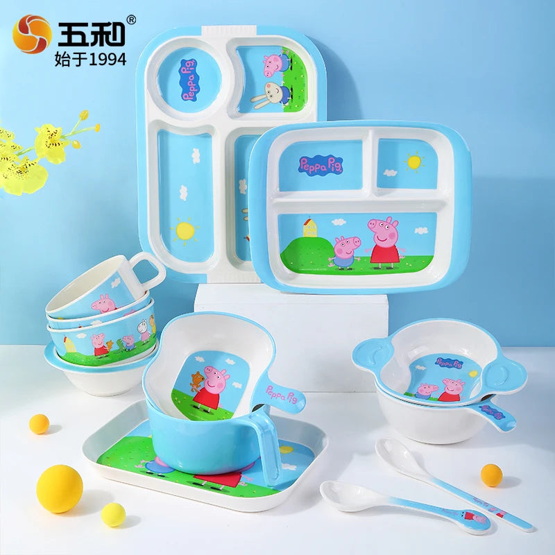 For Peppa Pig Tableware Cartoon Salad Bowl Anti-Fall Dining Plate Cup Spoon Baby Eating Double-ear Bowl Food-grade Divided Plate