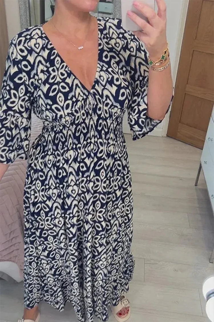 Sexy V Neck Half Sleeve Butterfly Floral Print Maxi Long Dress Summer Female Tunic Elastic Waist Loose Holiday Party Dresses