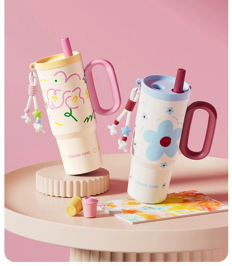 COOKER KING Spot Goods Vacuum Cup Thermal Mug Straw Insulated Ice Cup Car Thermal Mug with Handle Stylish Insulated Coffee Cup