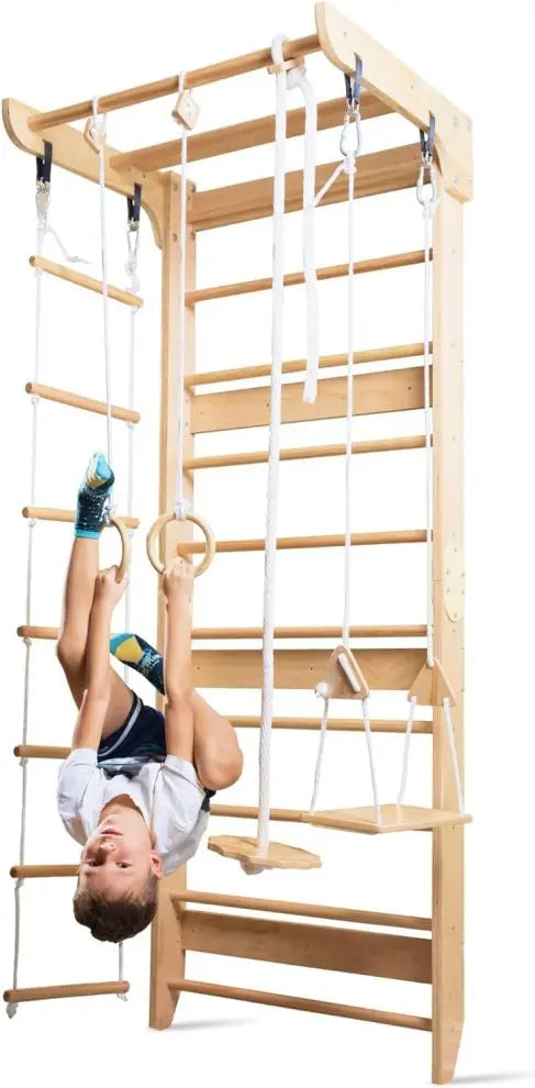 WoodVille Swedish Wall Climbing Frame - Multifunctional Kids Gym Set with Rock Wall & Rope Ladder (Ages 3-12,EN71/ASTM Certified