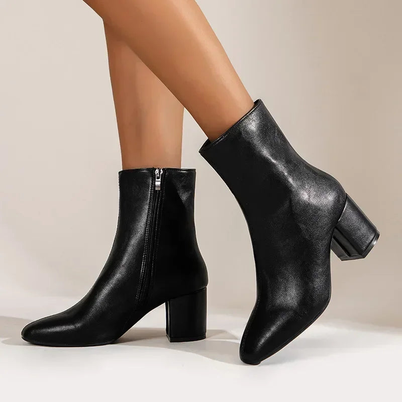White Ankle Boots for Women 2024 New Side Zipper Stretch Middle Heel Large Size Short Boot Fashion Pointed Shoes Botas De Mujer