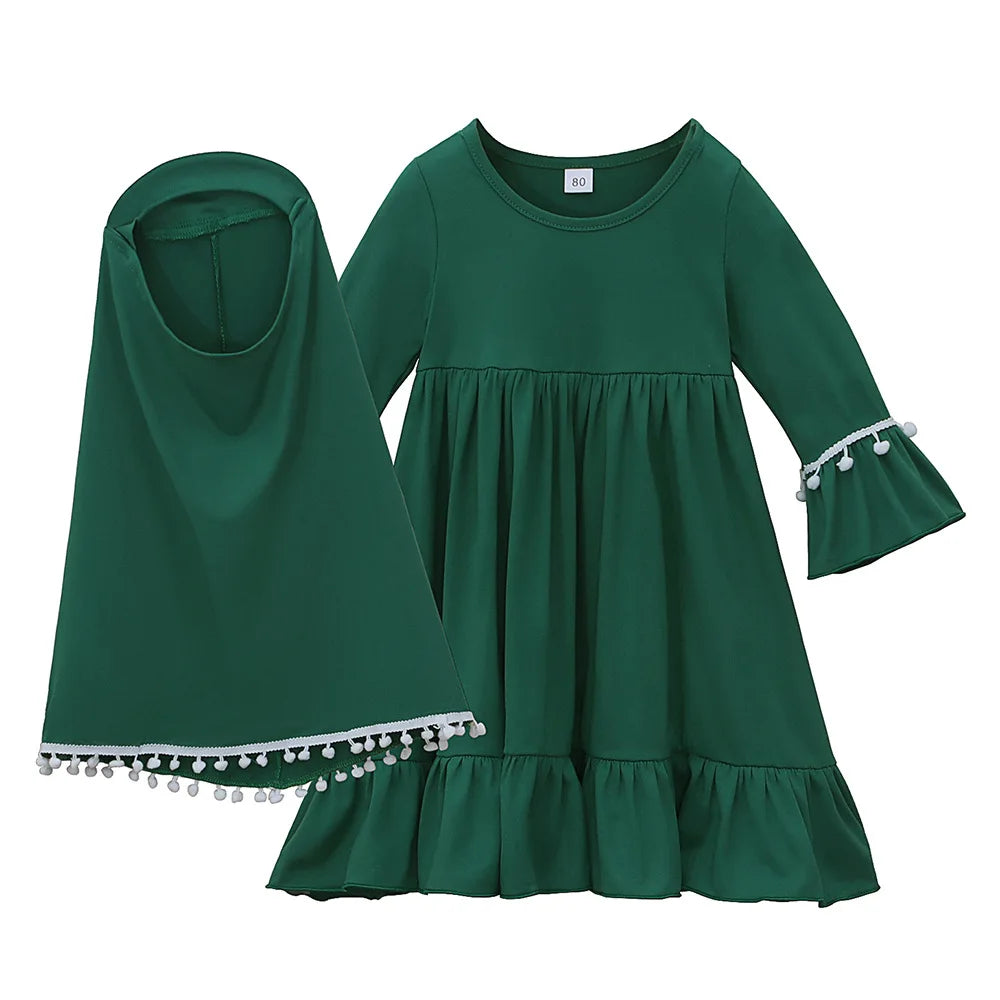 2PCS Muslim Dress Girls Kids Prayer Clothes Islamic Hijab Abaya Khimar Abayas Islamic Prayer Dresses Niqab Kaftan Scarf Robe