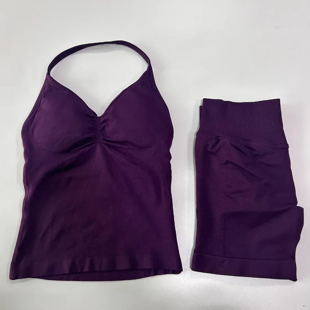 2 Pieces Sports Set Women Backless Tank Tops High Waist Scrunch Seamless Shorts Sport Suit Gym Set Sportswear Workout Set