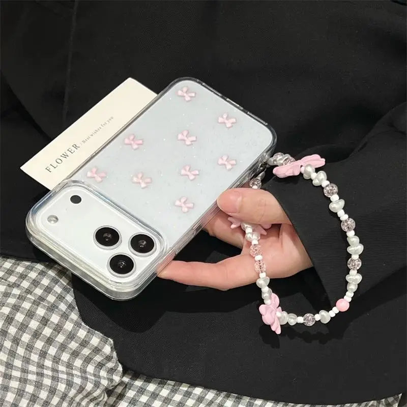 Korean Girl Pink Bowknot Phone Case For iPhone 17 Air 16 15 14 13 12 11 Pro Max 7 8 Plus X XR XS Max With Pink Bow Lanyard Cover