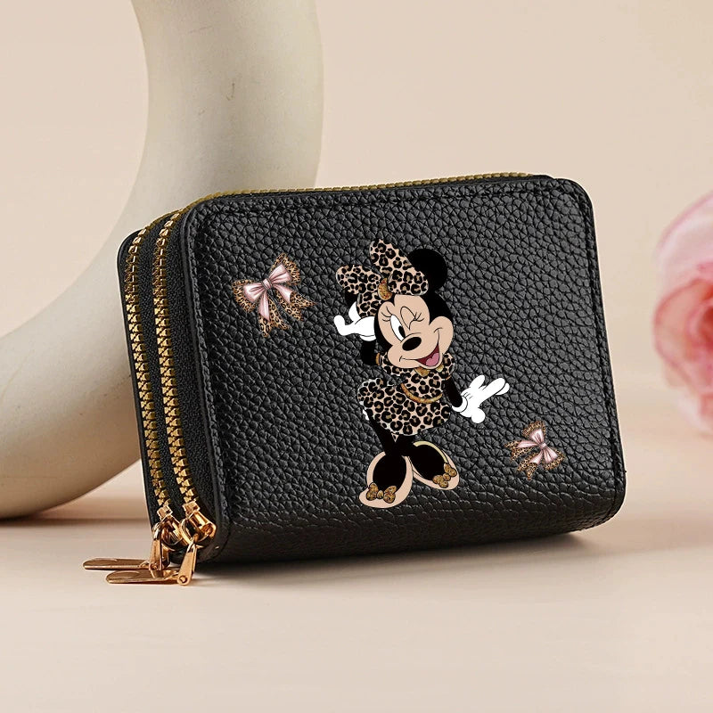 Mickey Minnie Women's Double Zipper Wallet Lychee Pattern Fashion Short Credit Card Holder with Large Capacity Coin Purse