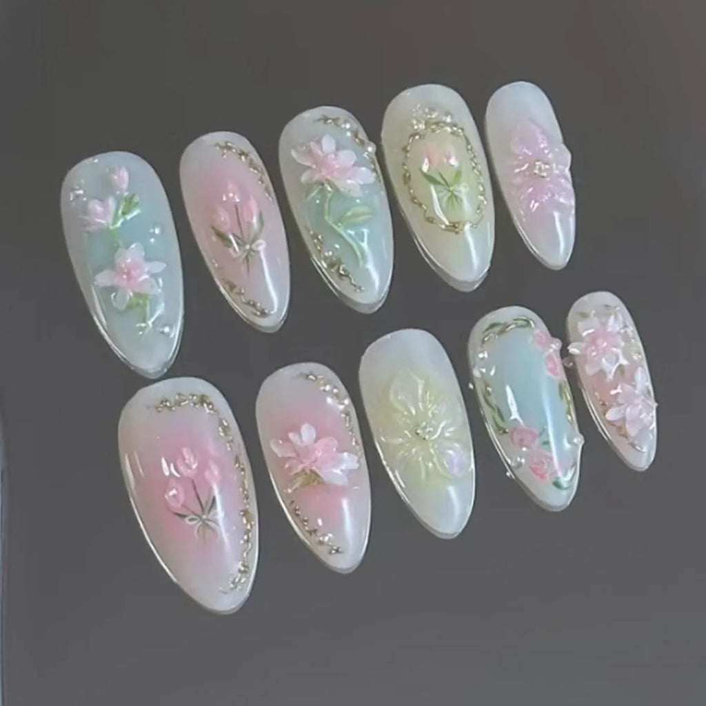 24Pcs Mid-length Gilded Almond Nails Set Press on 3D Flower Gradient Pink Full Cover False Nails Tips Pearl Reusable Fake Nails