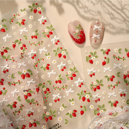 Spring Strawberry Vine 5D Nail Art Stickers Garden Fresh Red Strawberry Green Leaves Flower Cherry Branch Bow Nail Decals DIY