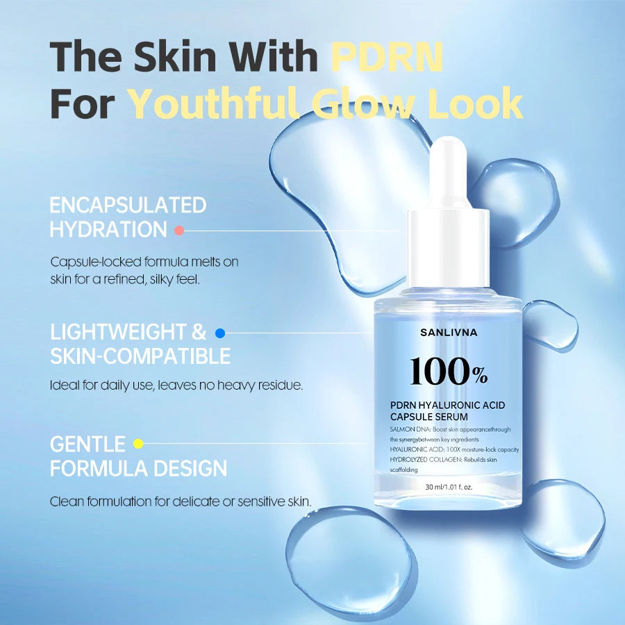 PDRN Hyaluronic Acid 100 Capsules Serum, Revitalizing Face Serum, Hyaluronic Acid, Moisturizing, Nourishing and Plumping Effect