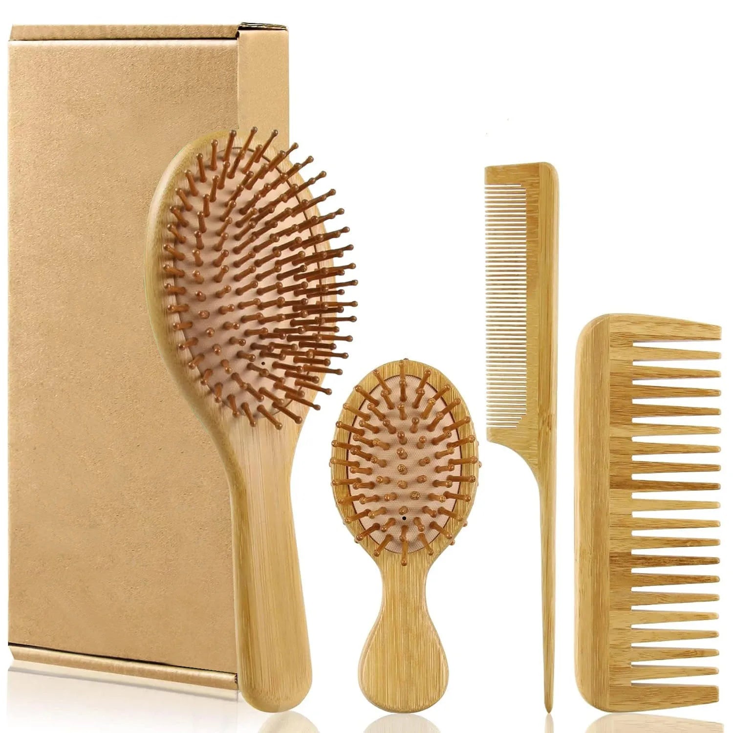 Bamboo Hair Brushes and Comb Set, Comb for Women and Detangling, Great on All Hair, Handmade for Women Men