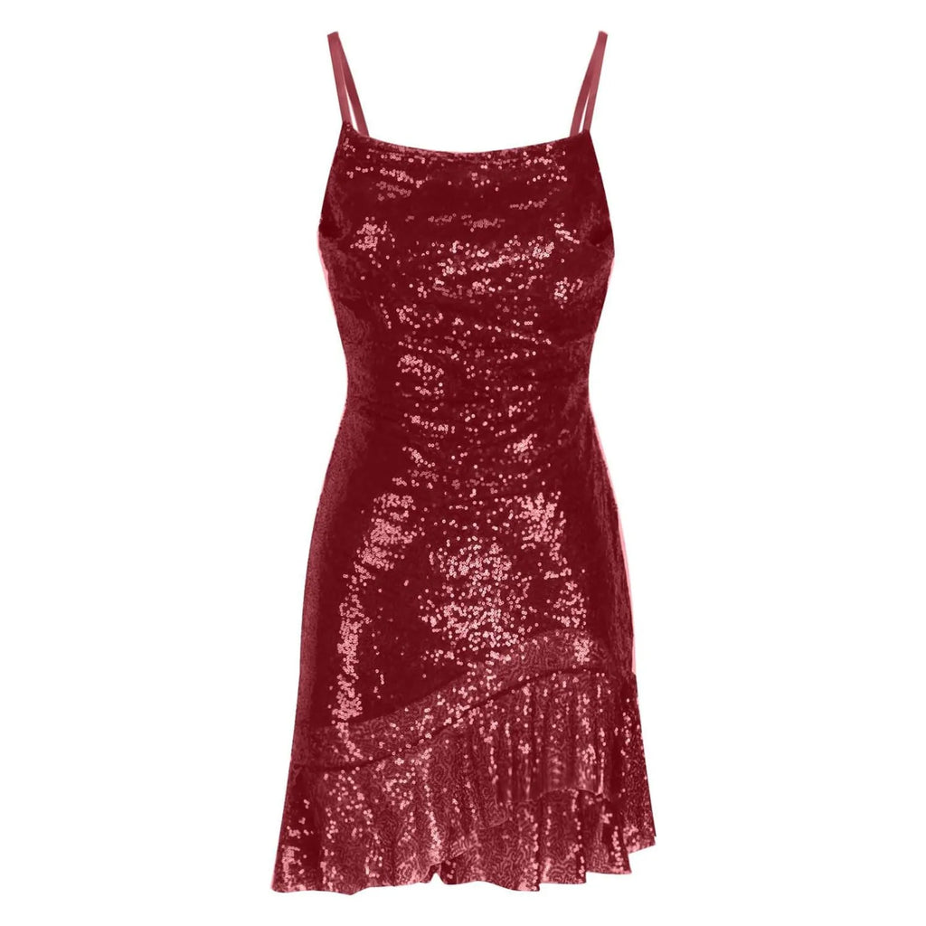 Sexy Slim Fitting Fashion Solid Color Sequin Back Cross Tie Ruffle Edge Sleeveless Suspender Irregular Hem Pleated Party Dress