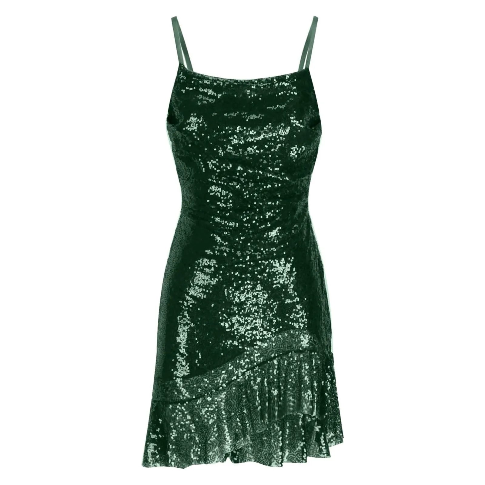 Sexy Slim Fitting Fashion Solid Color Sequin Back Cross Tie Ruffle Edge Sleeveless Suspender Irregular Hem Pleated Party Dress