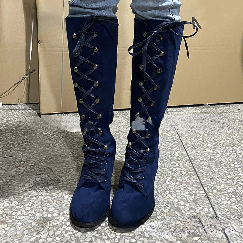 Roman Boots 2024 New Autumn and Winter Fashionable Lace Up Knight Boots Round Toe High-heeled Retro Women's Shoes Zapatos Mujer