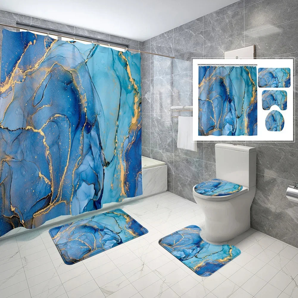 Geometric Golden Crackle Marble Shower Curtain Set Washable Bath Non-Slip Mat Rugs Carpet Toilet Seat Cover Modern Home Decor