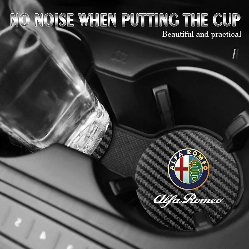 2Pcs For Alfa Romeo Giulia Stelvio 156 Tonale Brera Giulietta Disco Vola Car Carbon Leather Water Cup Pad Anti-noise Coaster Mat